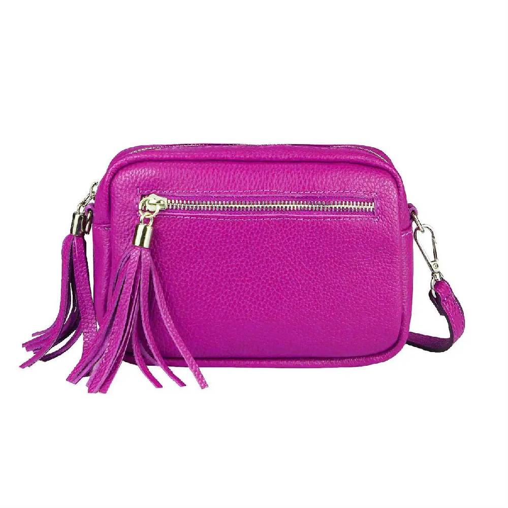 OBC Made in Italy DAMEN LEDER TASCHE Umhängetasche Schultertasche Beuteltasche Cross-Over Cross Bag Glattleder Schmucktasche Fransen Ledertasche Kostenlose Rückgabe