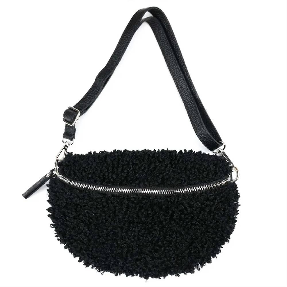 OBC Made in Italy Damen Teddyfell Tasche Leder Jeans Plüsch Bauchtasche Hüfttasche Schultertasche Bodybag Umhängetasche Crossbody Teddyplüsch Handytasche Crossbag Gürteltasche Riesige Rabatte