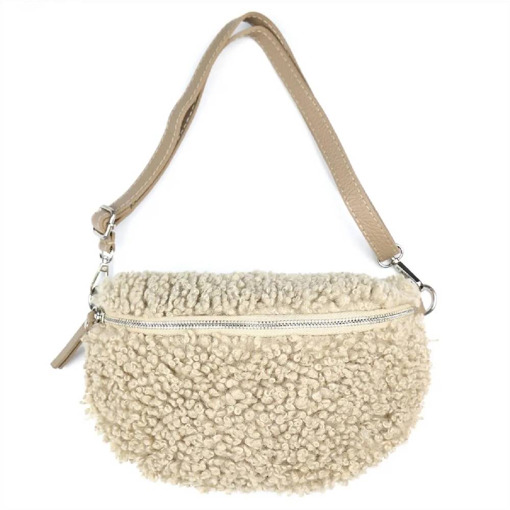 OBC Made in Italy Damen Teddyfell Tasche Leder Jeans Plüsch Bauchtasche Hüfttasche Schultertasche Bodybag Umhängetasche Crossbody Teddyplüsch Handytasche Crossbag Gürteltasche Riesige Rabatte