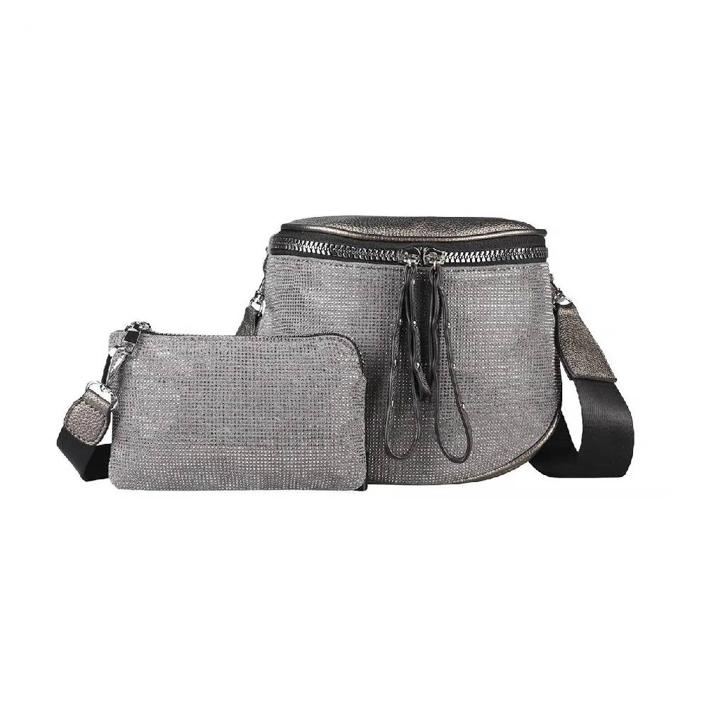 DAMEN TASCHEN SET 2in1 Schultertasche + Schmucktasche Strasssteine Umhängetasche Crossbody Crossover Leder Optik Handtasche Metallic Shopper Im Verkauf