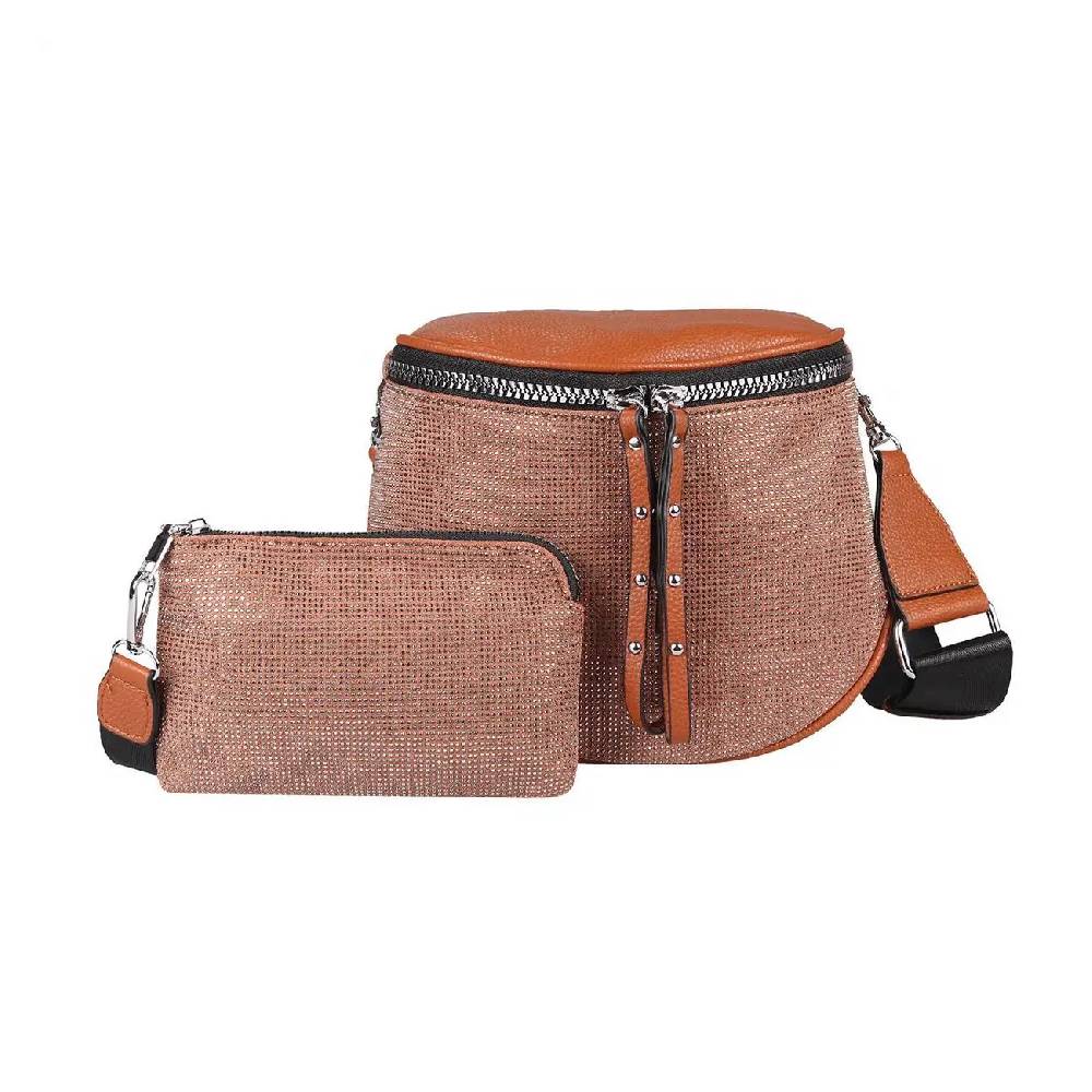 DAMEN TASCHEN SET 2in1 Schultertasche + Schmucktasche Strasssteine Umhängetasche Crossbody Crossover Leder Optik Handtasche Metallic Shopper Im Verkauf