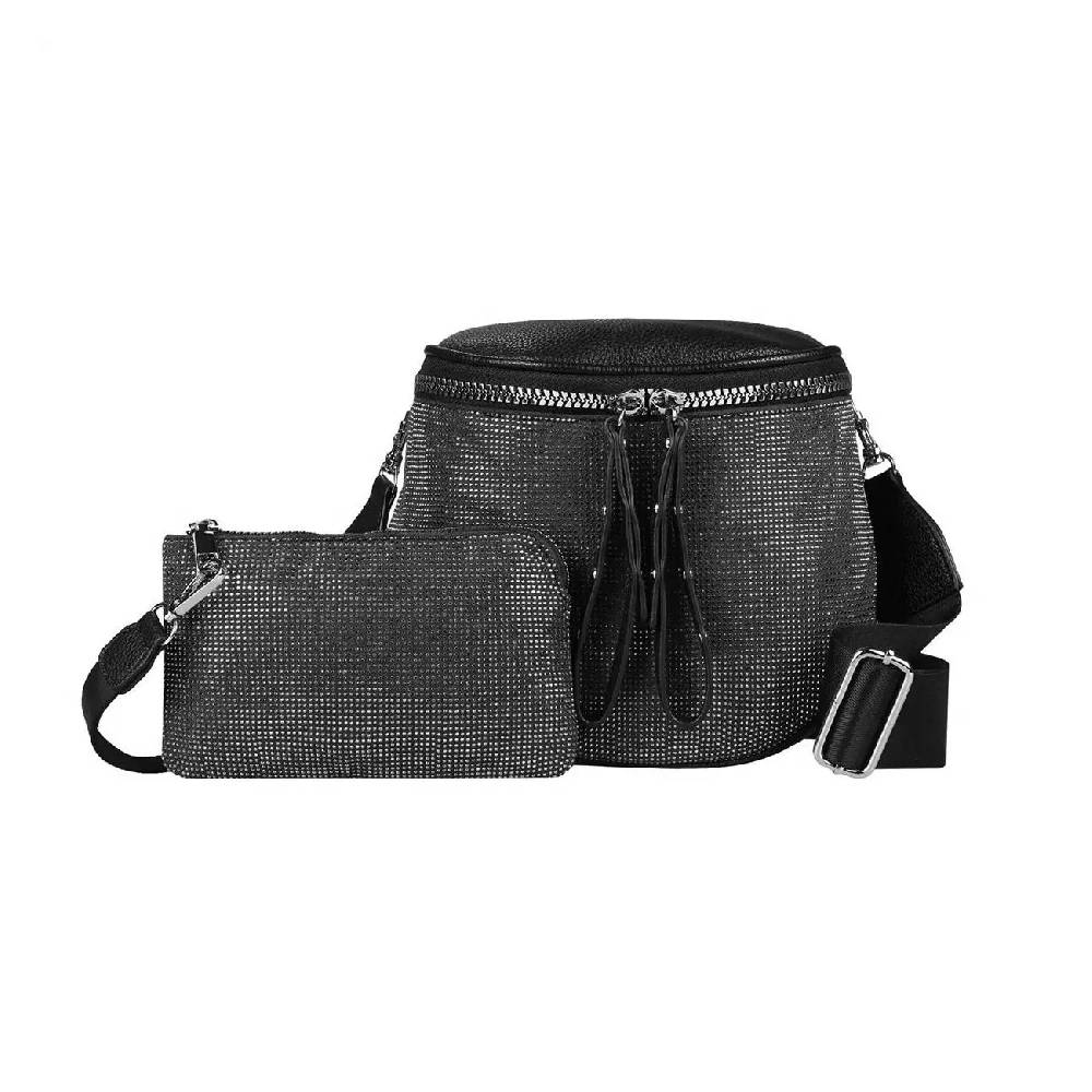 DAMEN TASCHEN SET 2in1 Schultertasche + Schmucktasche Strasssteine Umhängetasche Crossbody Crossover Leder Optik Handtasche Metallic Shopper Im Verkauf