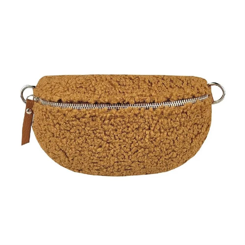 Made in Italy DAMEN LEDER Gürteltasche Crossbody Teddyfell Bauchtasche Hüfttasche Kunstfell Umhängetasche Brusttasche CrossOver Bodybag Schultertasche Teddy Pelz Fell Plüsch 2025