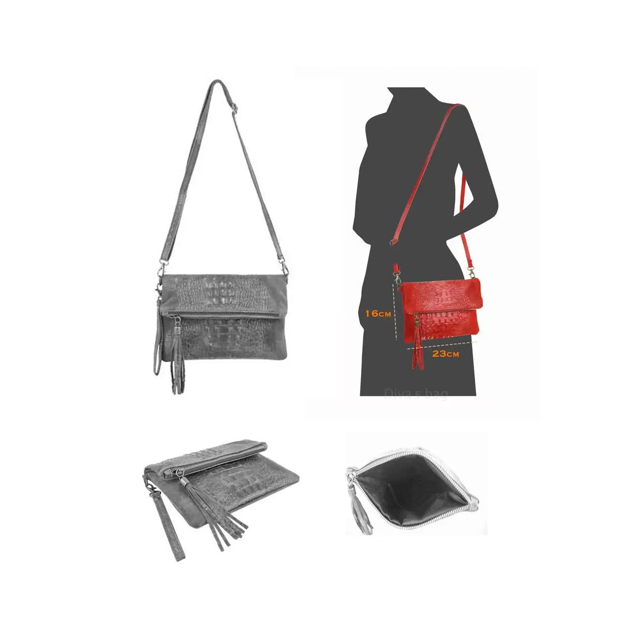 OBC Made in Italy DAMEN echt LEDER Clutch TASCHE Kroko Wildleder Handtasche Umhängetasche Ledertasche Schultertasche Fransen Cross-Over Verkauf