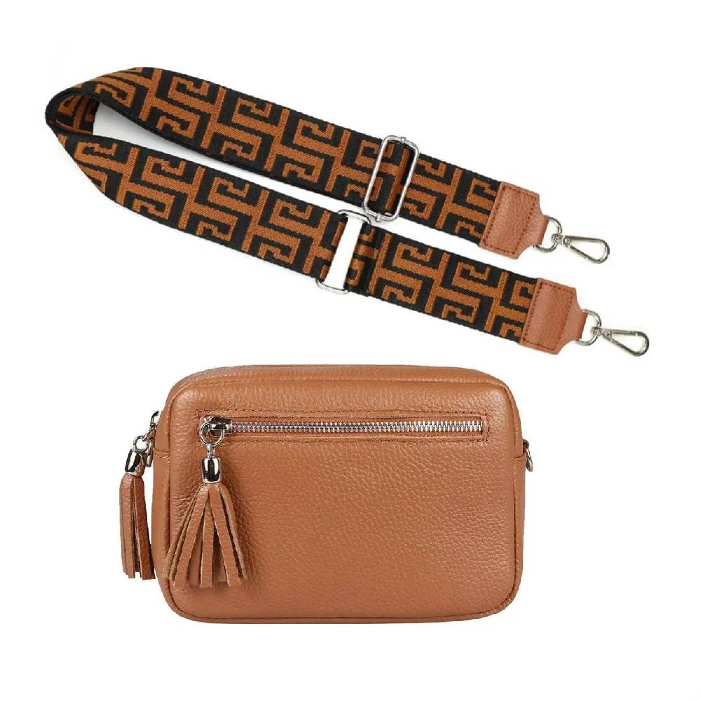 OBC Made in Italy DAMEN LEDER TASCHE mit extra breitem Zusatz Tragegurt Umhängetasche Schultertasche Beuteltasche Cross-Over Cross Bag Glattleder Schmucktasche Fransen Ledertasche Black Friday Preise