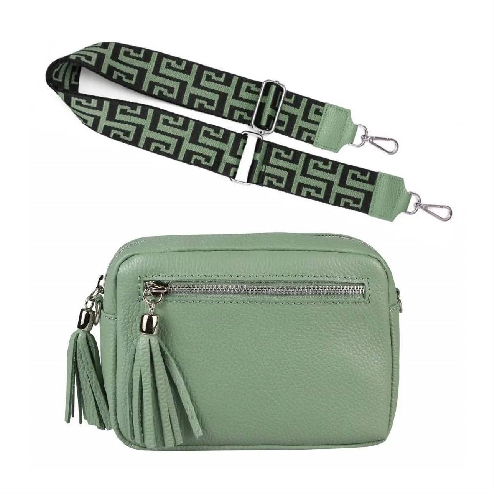 OBC Made in Italy DAMEN LEDER TASCHE mit extra breitem Zusatz Tragegurt Umhängetasche Schultertasche Beuteltasche Cross-Over Cross Bag Glattleder Schmucktasche Fransen Ledertasche Black Friday Preise
