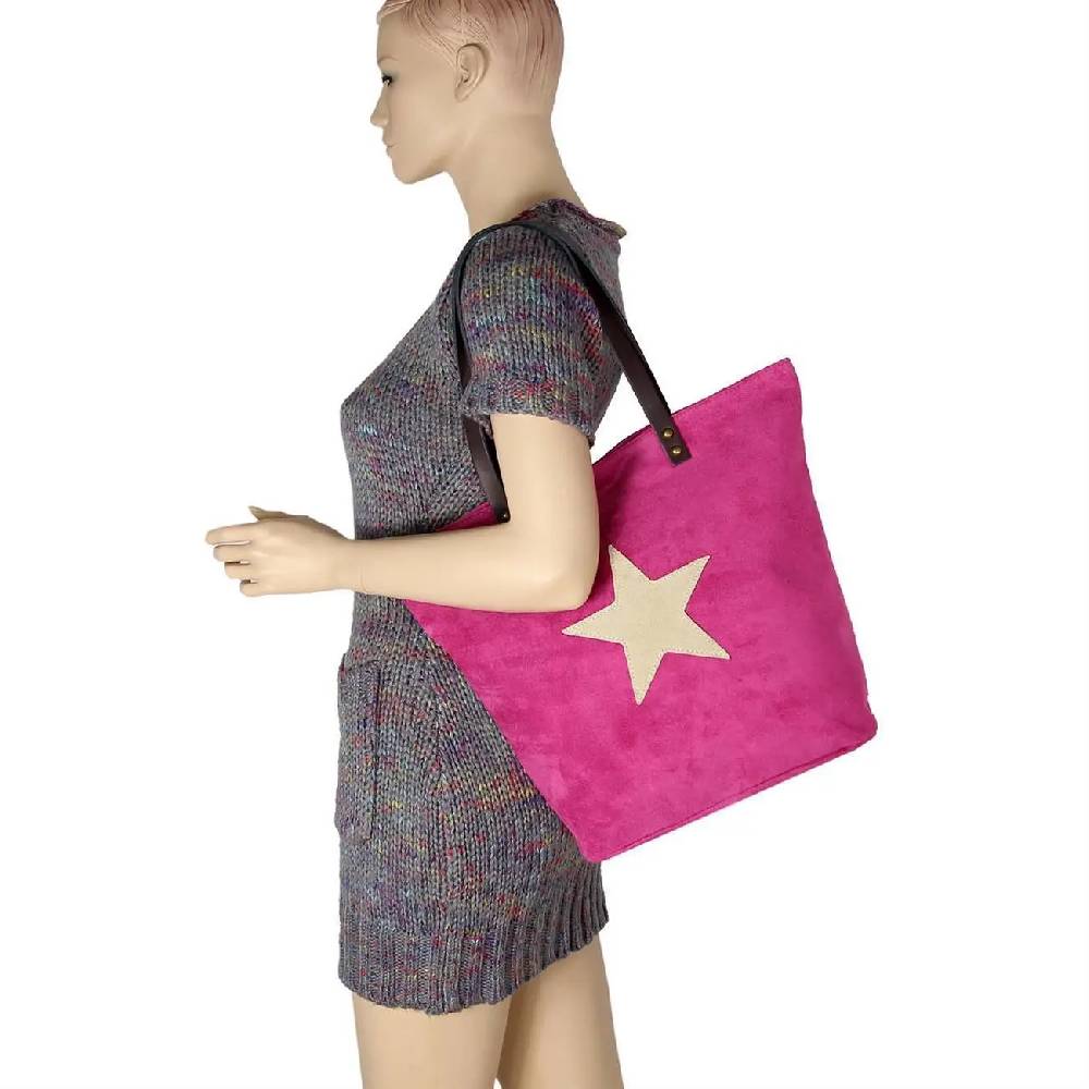 OBC Made in Italy Damen Tasche Leder Velourleder Wildleder Stern Shopper Schultertasche Umhängetasche Heißer Verkauf