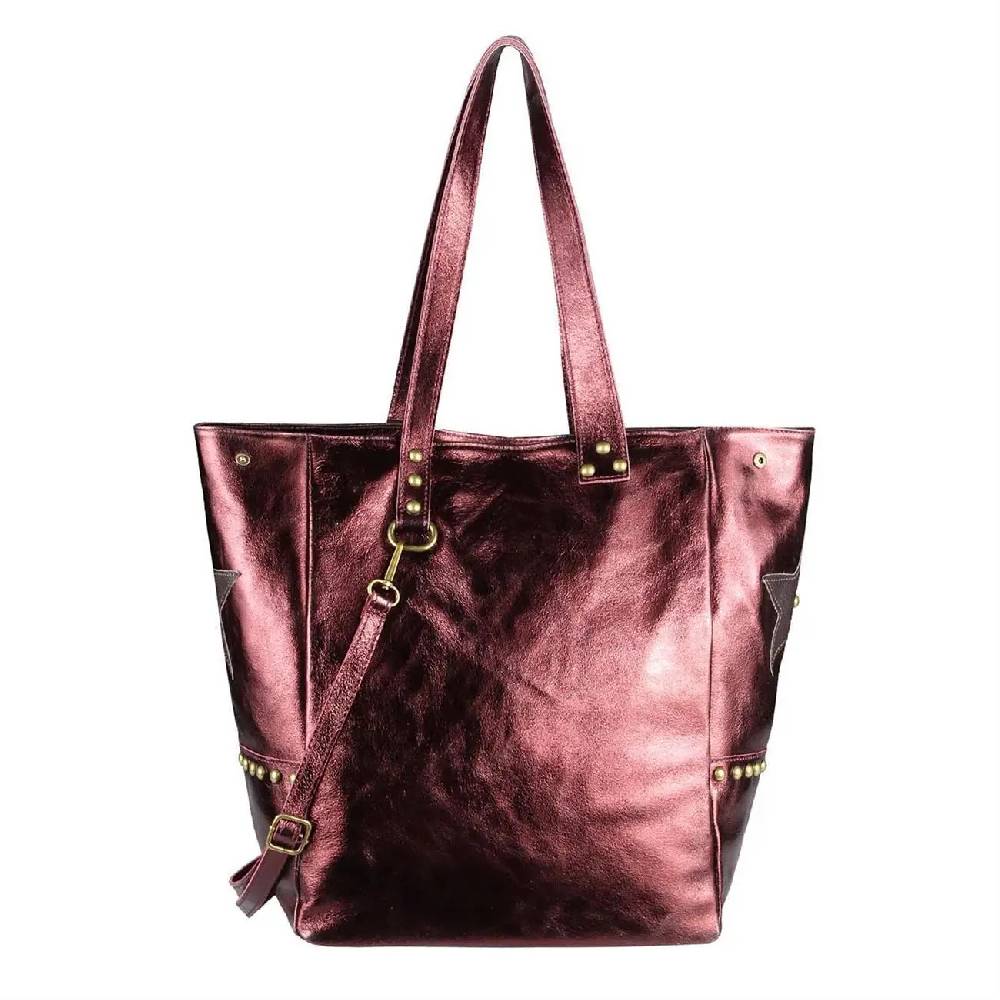 ITAL DAMEN Echt LEDER TASCHE Tote Bag Metallic Schultertasche DIN-A4 Shopper Handtasche Umhängetasche Crossbody Henkeltasche Beuteltasche Stern Nieten Saisonale Angebote