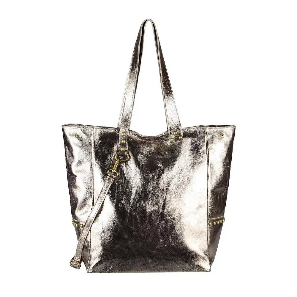 ITAL DAMEN Echt LEDER TASCHE Tote Bag Metallic Schultertasche DIN-A4 Shopper Handtasche Umhängetasche Crossbody Henkeltasche Beuteltasche Stern Nieten Saisonale Angebote