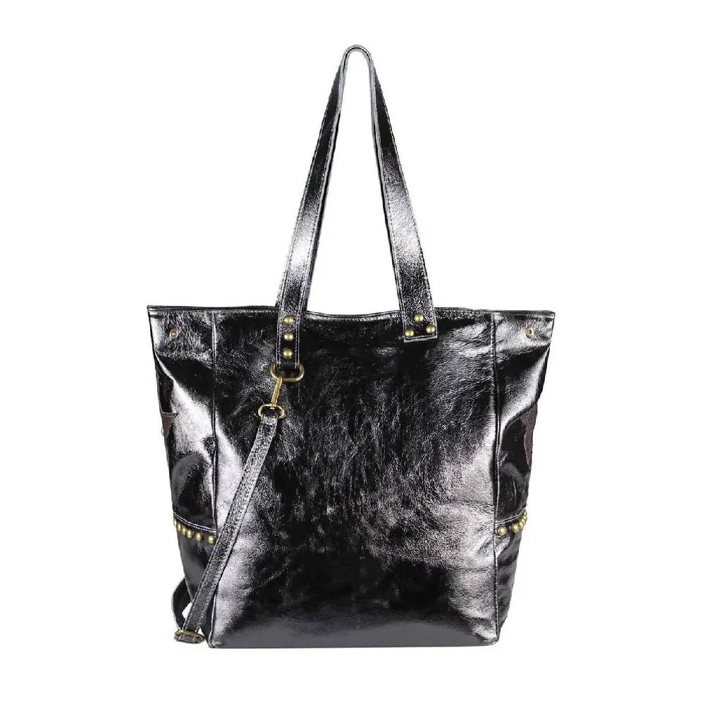 ITAL DAMEN Echt LEDER TASCHE Tote Bag Metallic Schultertasche DIN-A4 Shopper Handtasche Umhängetasche Crossbody Henkeltasche Beuteltasche Stern Nieten Saisonale Angebote