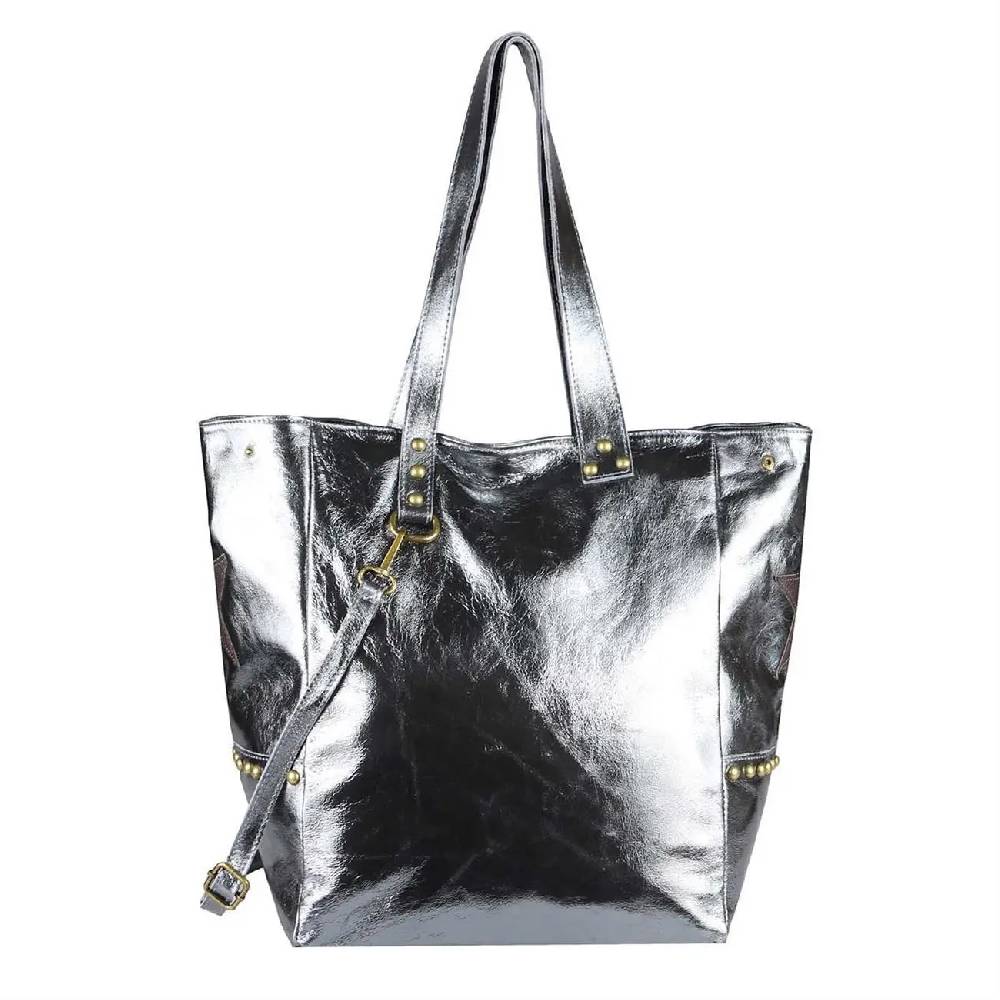 ITAL DAMEN Echt LEDER TASCHE Tote Bag Metallic Schultertasche DIN-A4 Shopper Handtasche Umhängetasche Crossbody Henkeltasche Beuteltasche Stern Nieten Saisonale Angebote
