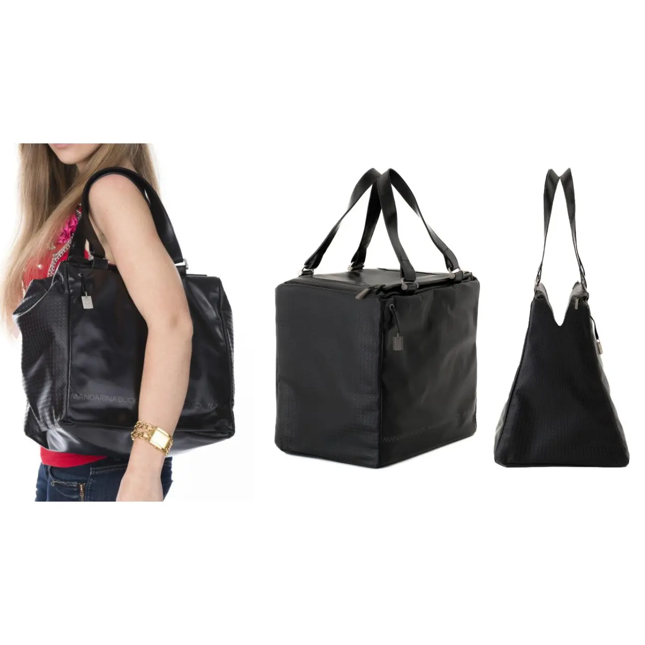 Mandarina Duck Desire Pelle Pferdeleder Koffer Handtasche Sporttasche Henkeltasche Reisetasche Tasche Bag Schwarz 30x29x22 cm (BxHxT) Tägliche Deals