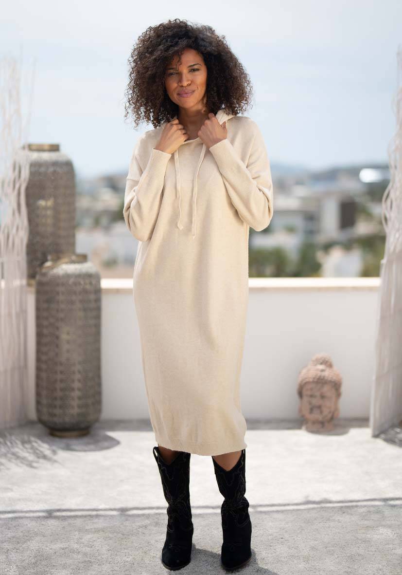Miss Goodlife Dress Knitted Hoodie long – creme Begrenztes Angebot