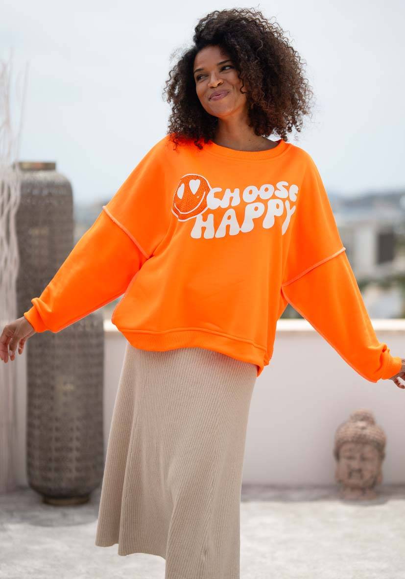 Miss Goodlife Roundneck Choose Happy Strass – neonorange Black Friday Preise