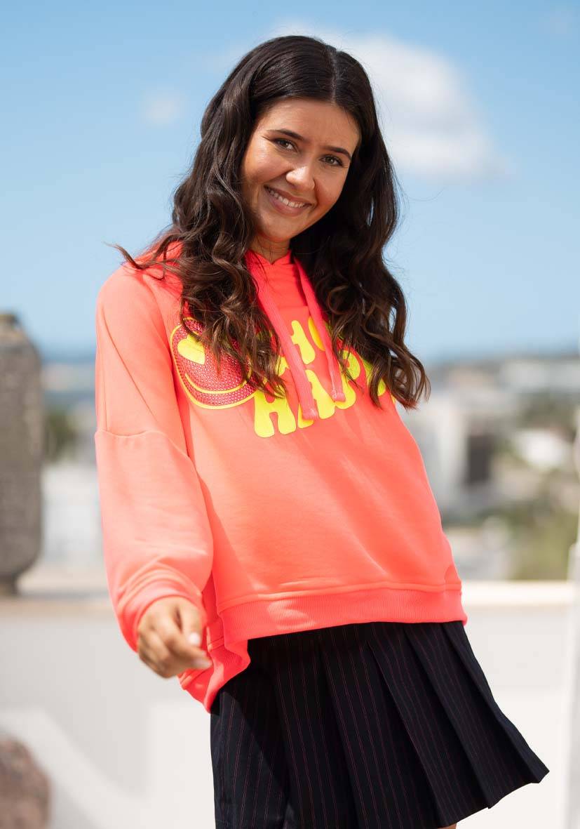 Miss Goodlife Hoodie Choose Happy Strass – neonpink zollfrei