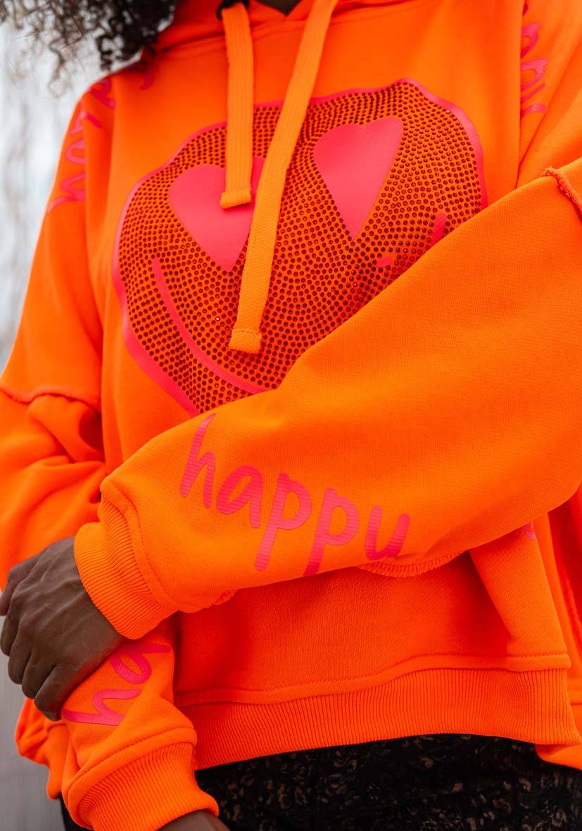 Miss Goodlife Hoodie Happy Heartface Strass – neonorange Sonderangebote