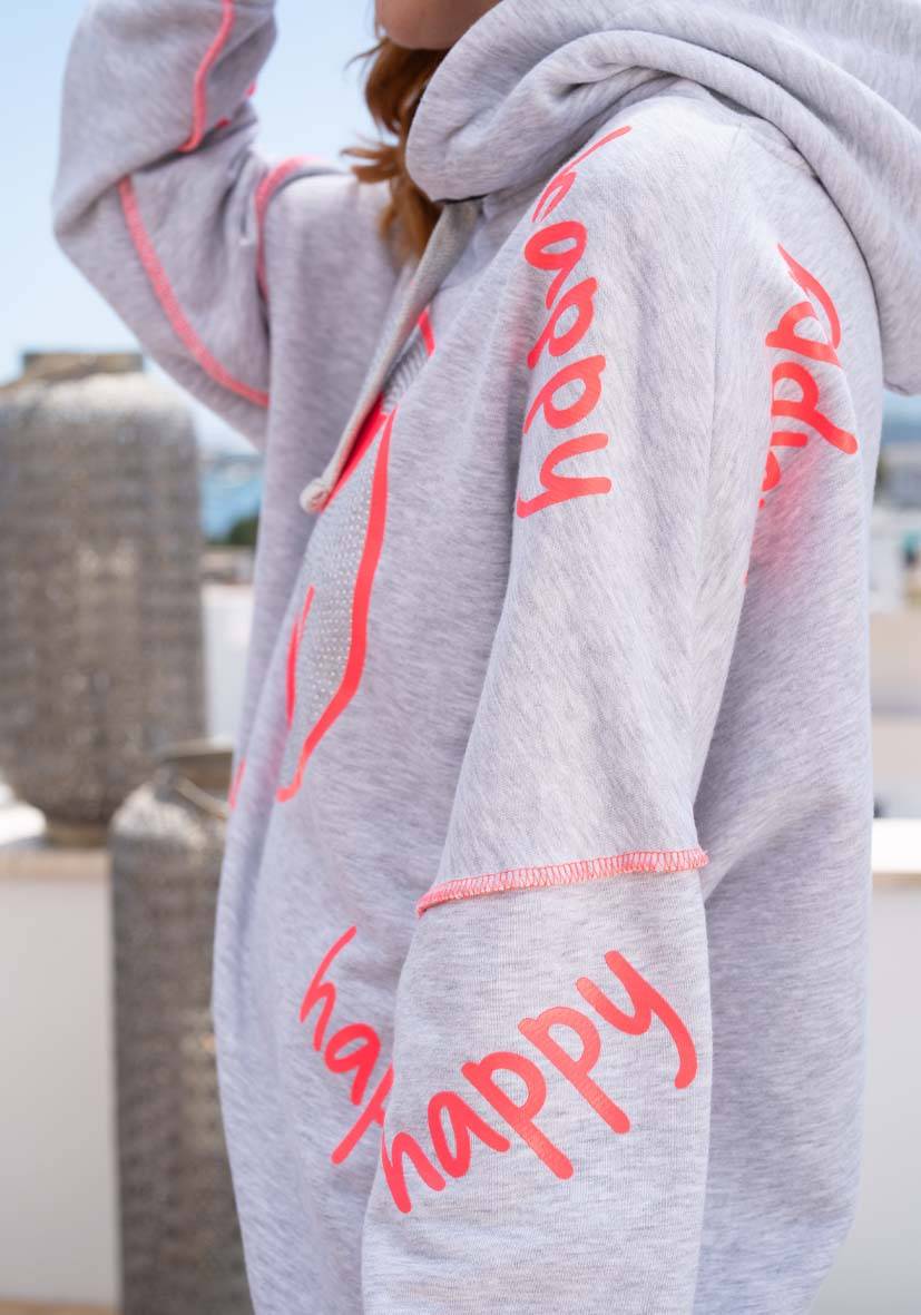 Miss Goodlife Hoodie Happy Heartface Strass – grey Tiefpreis