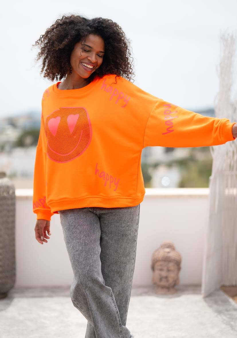 Miss Goodlife Roundneck Happy Heartface Strass – neonorange Kostenlose Rückgabe