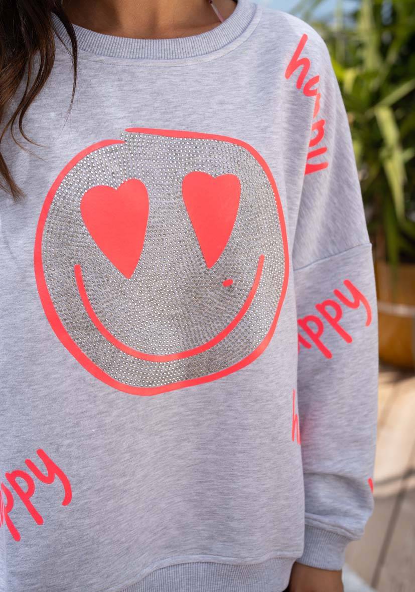 Miss Goodlife Roundneck Happy Heartface Strass – lightgrey Begrenzte Freigabe
