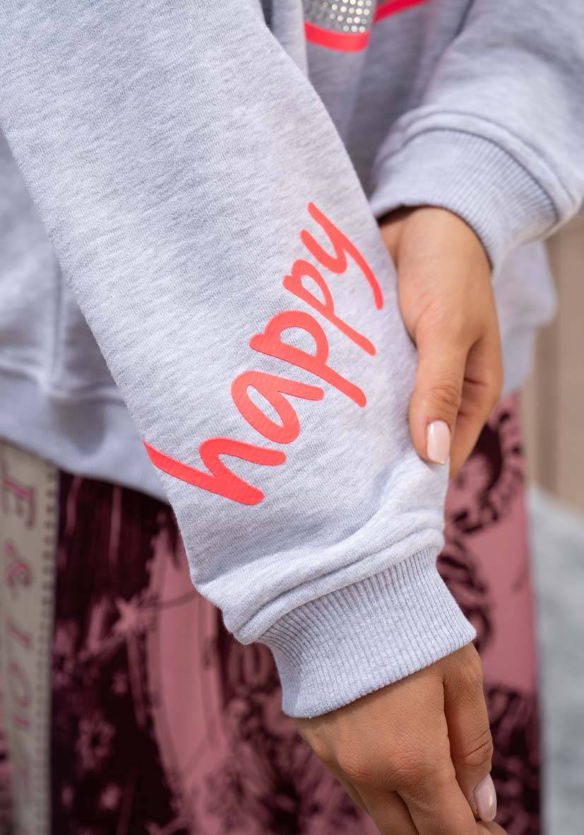 Miss Goodlife Roundneck Happy Heartface Strass – lightgrey Begrenzte Freigabe