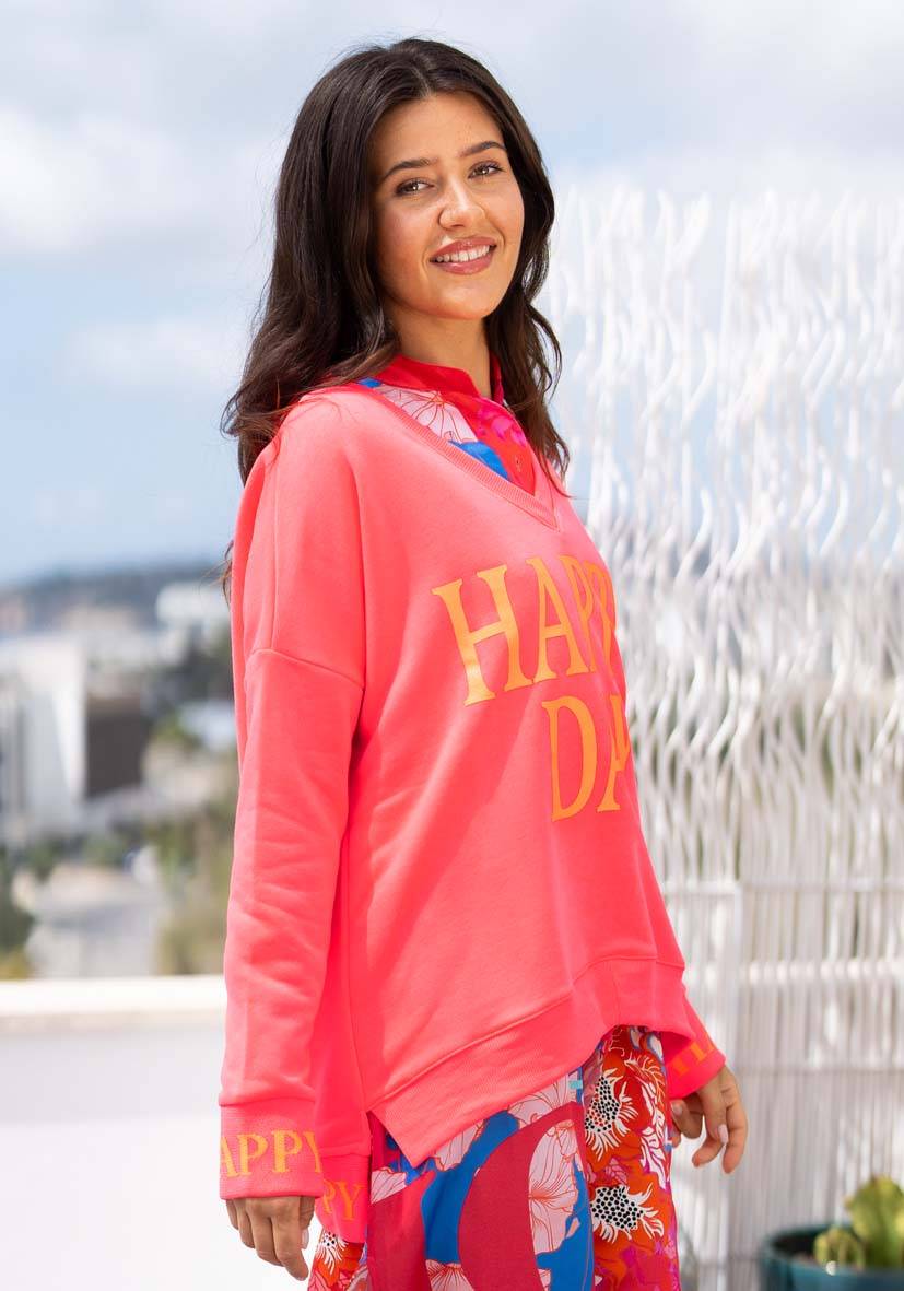 Miss Goodlife V-Neck Happy Day – neonpink Im Verkauf