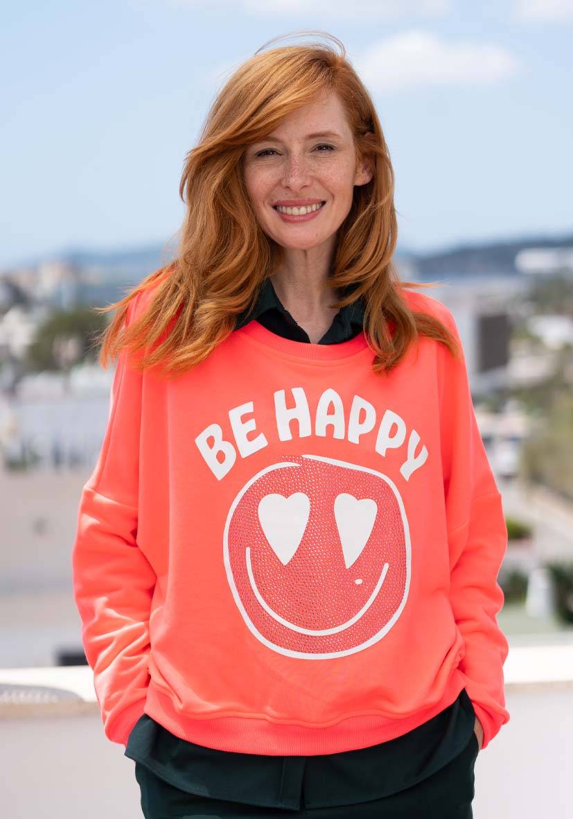 Miss Goodlife Roundneck Be happy Heartface Strass – neonpink Flash Sale