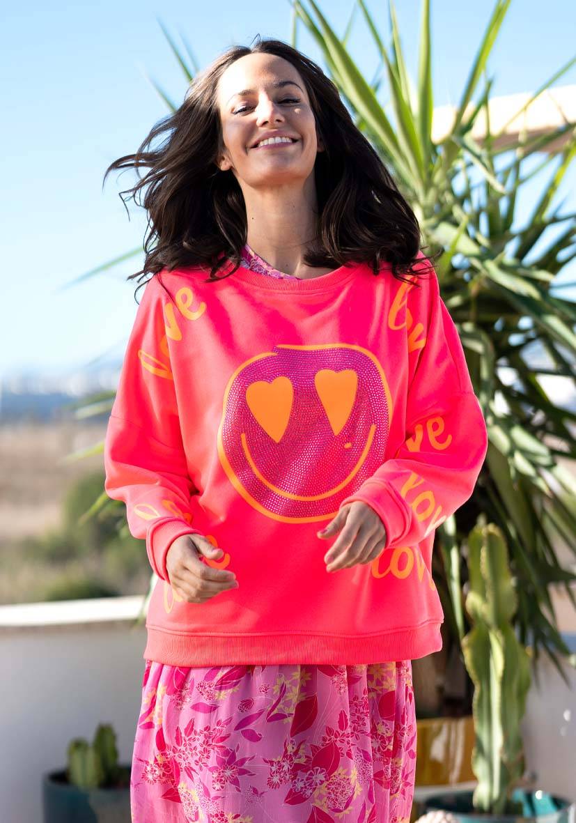 Miss Goodlife Roundneck Love Heartface Strass – neonpink Valentinstagsangebot