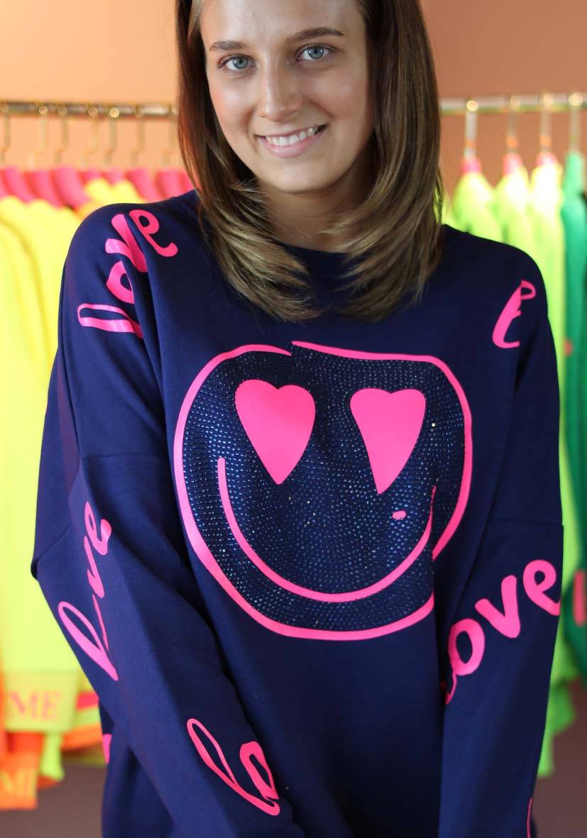 Miss Goodlife Roundneck Love Heartface Strass – darkblue Jubiläumsangebot