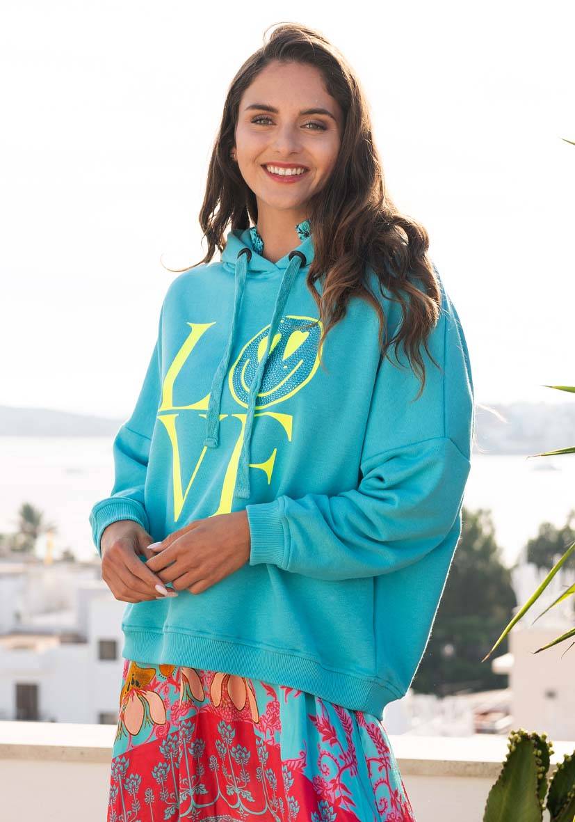 Miss Goodlife Hoodie Love Heartface – turquoise/neonyellow Super Rabatt