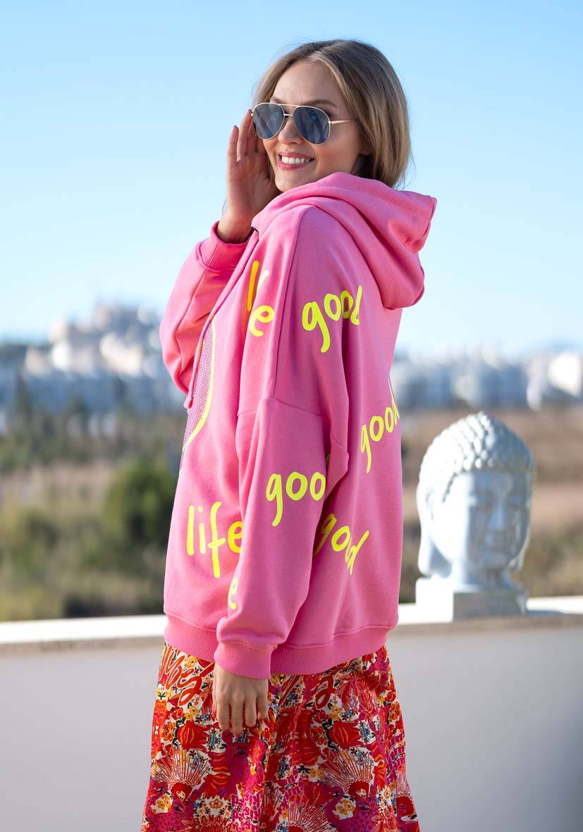 Miss Goodlife Hoodie Goodlife Heartface Strass – rose/neonyellow 2025