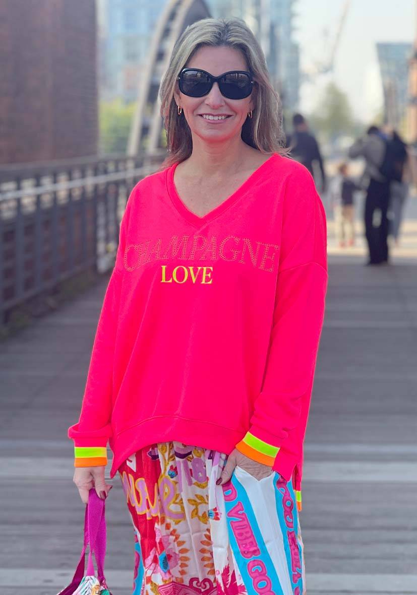 Miss Goodlife V-Neck Champagne Love Strass – neonpink/neonyellow Online