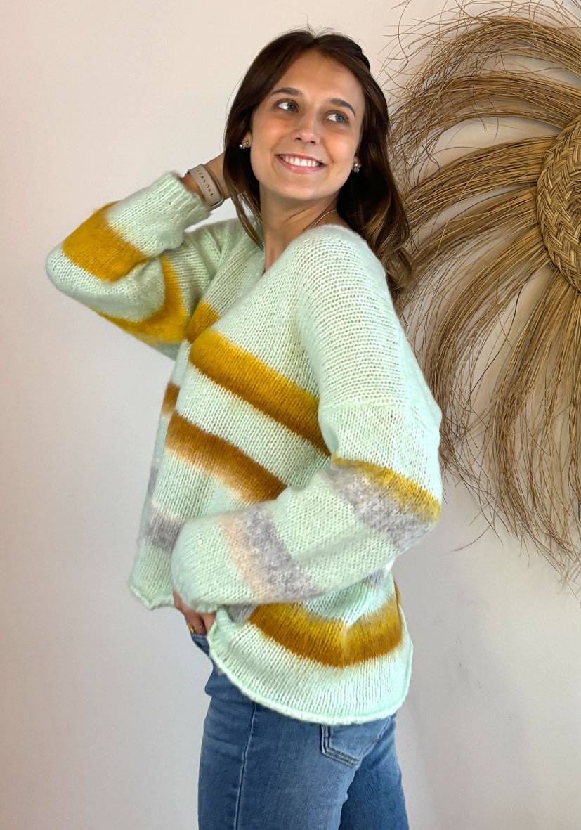 Miss Goodlife Pullover gebrushed mit multicolor Stripes – mint Neuheiten