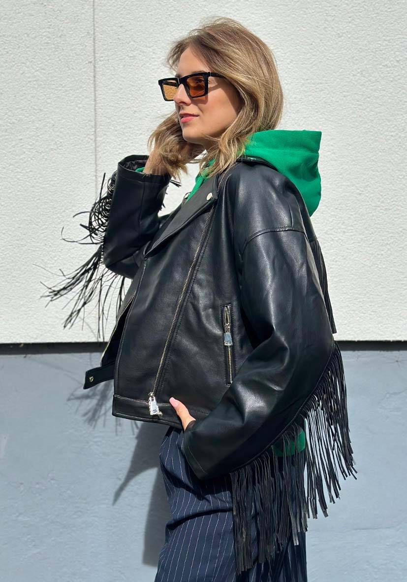 Miss Goodlife Vegane Lederjacke mit Fransen – black Hotsell