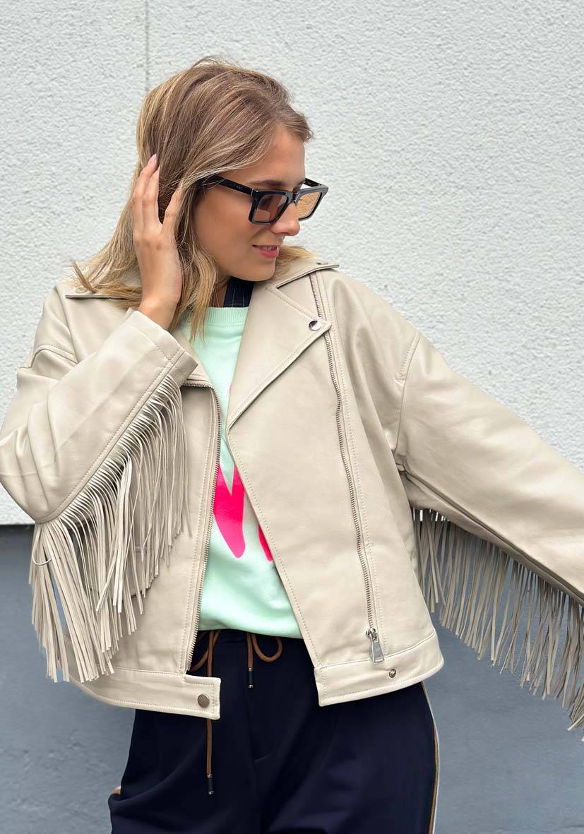 Miss Goodlife Vegane Lederjacke mit Fransen – beige im Angebot