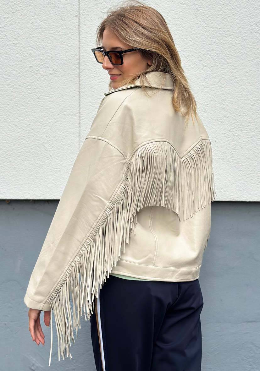 Miss Goodlife Vegane Lederjacke mit Fransen – beige im Angebot