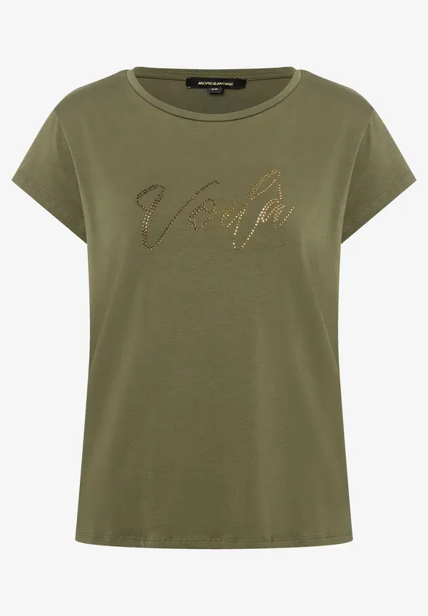 More & More T-Shirt mit Strass-Schriftzug, oliv Bis zu 65% Rabatt