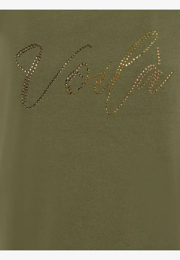More & More T-Shirt mit Strass-Schriftzug, oliv Bis zu 65% Rabatt