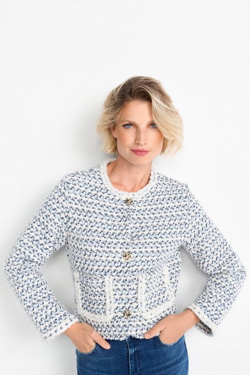 Eich & Royal Kurze Bouclé-Jacke in Blauweiß Begrenzt auf 3 Tage