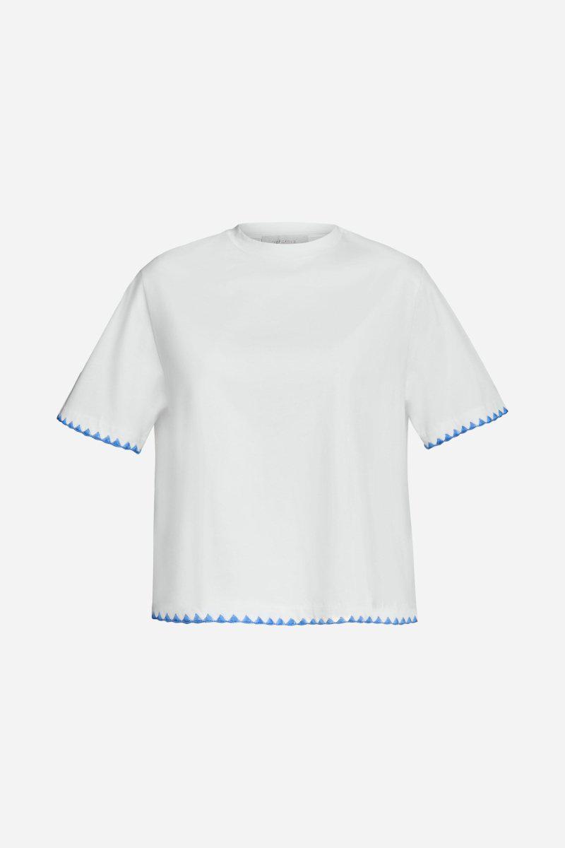Eich & Royal Weißes T-Shirt mit blauen Stickereien Im Verkauf
