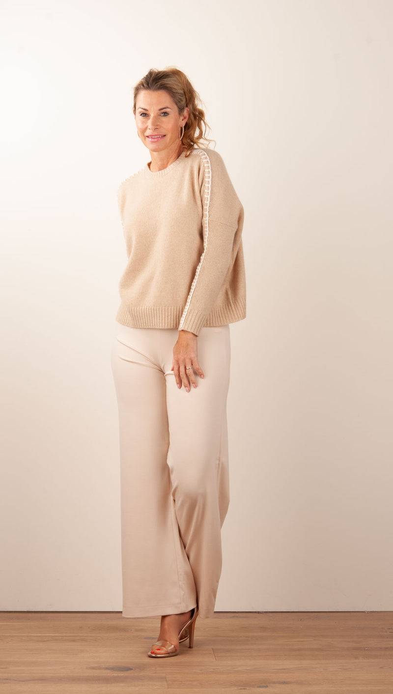 Kujten Kaschmir Pullover „Stitching“ Beige Exklusive Angebote