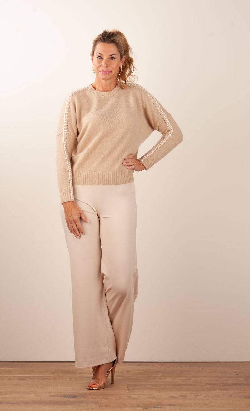 Kujten Kaschmir Pullover „Stitching“ Beige Exklusive Angebote