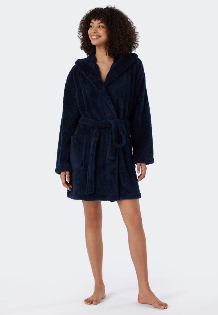 Schiesser Morgenmantel Teddy-Fleece Comfort-Fit dunkelblau - Essentials Auslauf