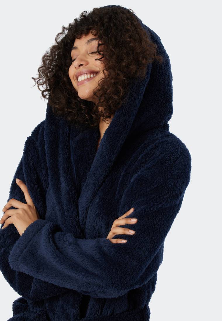 Schiesser Morgenmantel Teddy-Fleece Comfort-Fit dunkelblau - Essentials Auslauf