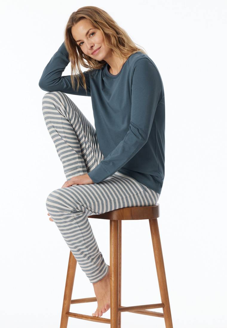Schiesser Schlafanzug lang Bündchen Ringel jeansblau - Casual Essentials Fabrikverkauf