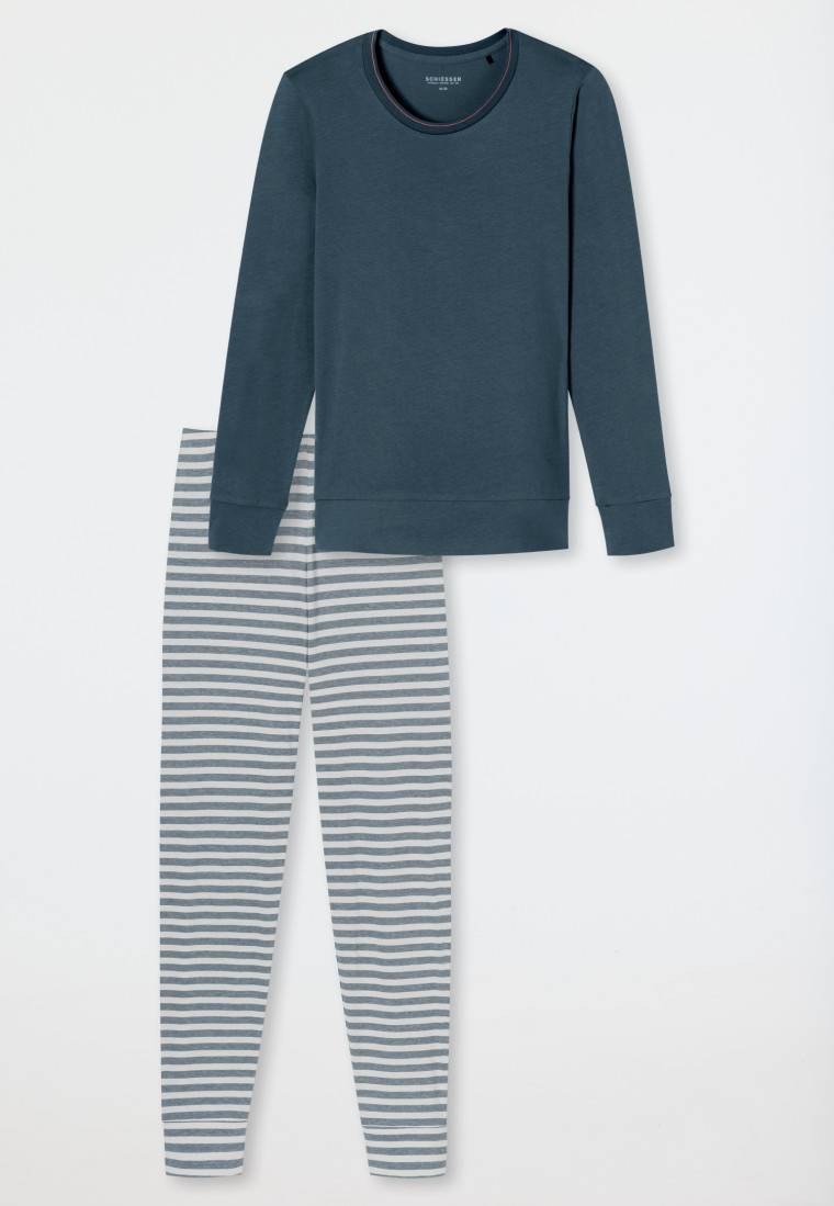 Schiesser Schlafanzug lang Bündchen Ringel jeansblau - Casual Essentials Fabrikverkauf