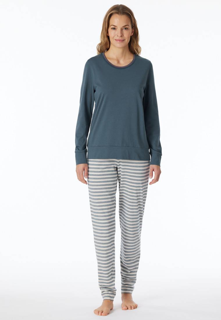 Schiesser Schlafanzug lang Bündchen Ringel jeansblau - Casual Essentials Fabrikverkauf