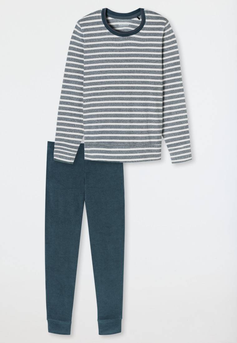 Schiesser Schlafanzug lang Frottee Bündchen Ringel jeansblau - Casual Essentials Kostenloser Versand
