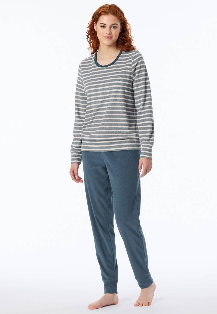 Schiesser Schlafanzug lang Frottee Bündchen Ringel jeansblau - Casual Essentials Kostenloser Versand
