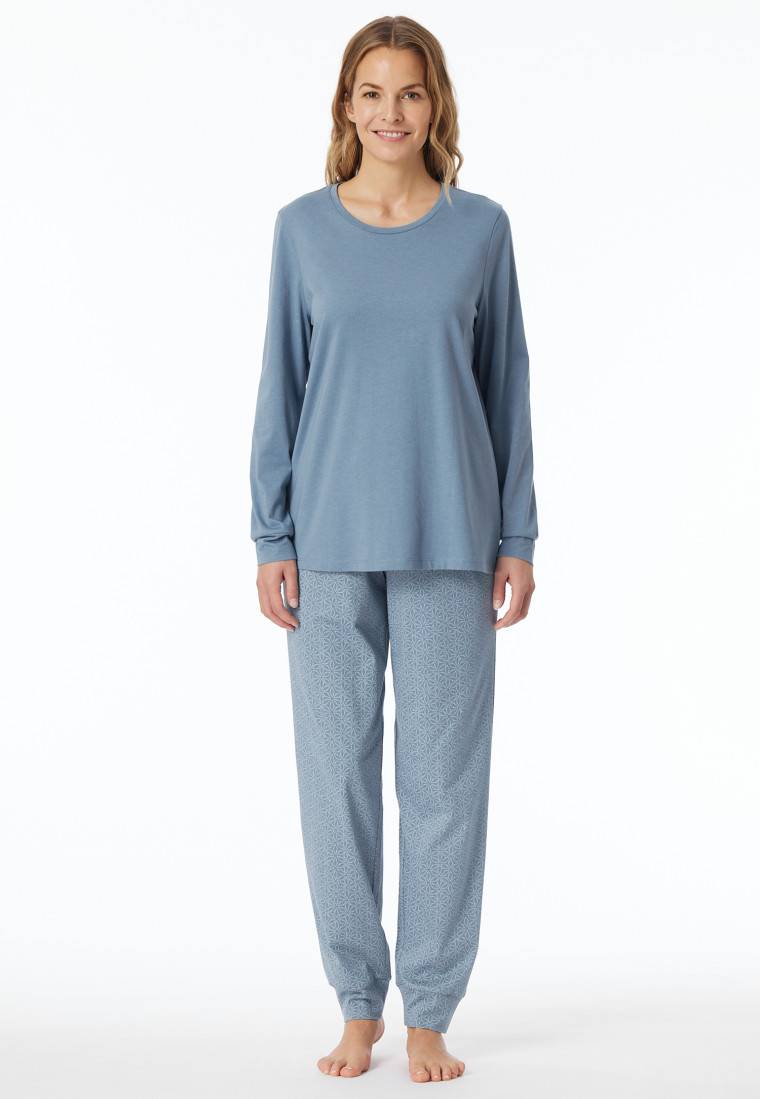 Schiesser Schlafanzug lang Bündchen blaugrau gemustert - Comfort Essentials Limitierter Zeitrabatt