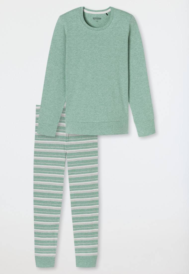 Schiesser Schlafanzug lang grün meliert - Casual Essentials Sonderangebot